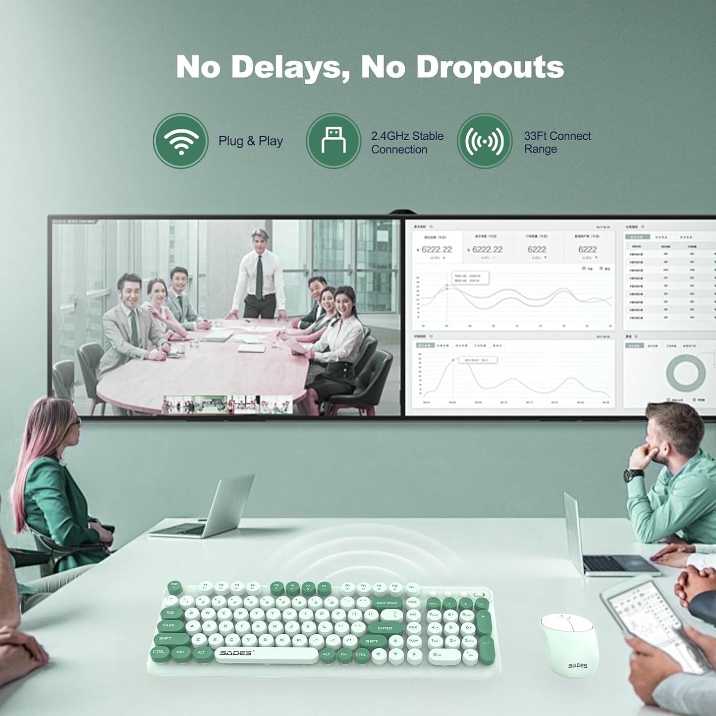 Wireless Keyboard and Mouse,Retro Typewrite Keyboard and Mouse Combo with Round Keypads,2.4G Cute Full Size Keyboard and Mouse Wireless, Home Office Keyboard for Computer Laptop Windows, Mint Green