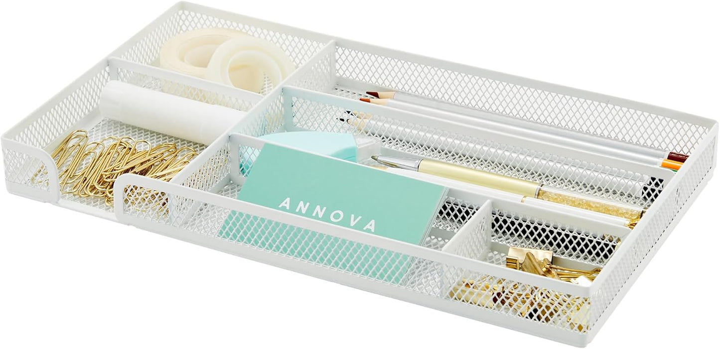 Annova Desk Drawer Organizer Tray for Office Organization - Metal Mesh - Storage Tray with Dividers for Pens, Desktop Accessories, Bathroom, Kitchen, Makeup and Office Supplies (Small, White)