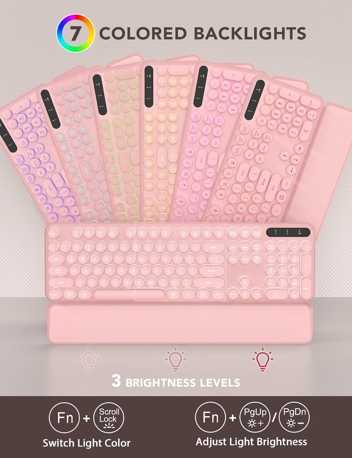Wireless Keyboard and Mouse Backlit - Typewriter Keyboard with Retro Round Keycaps, Detachable Wrist Rest, Light Up Letters, 2.4G Rechargeable Combo for Mac, Windows, PC, Laptop, Trueque (Pink)