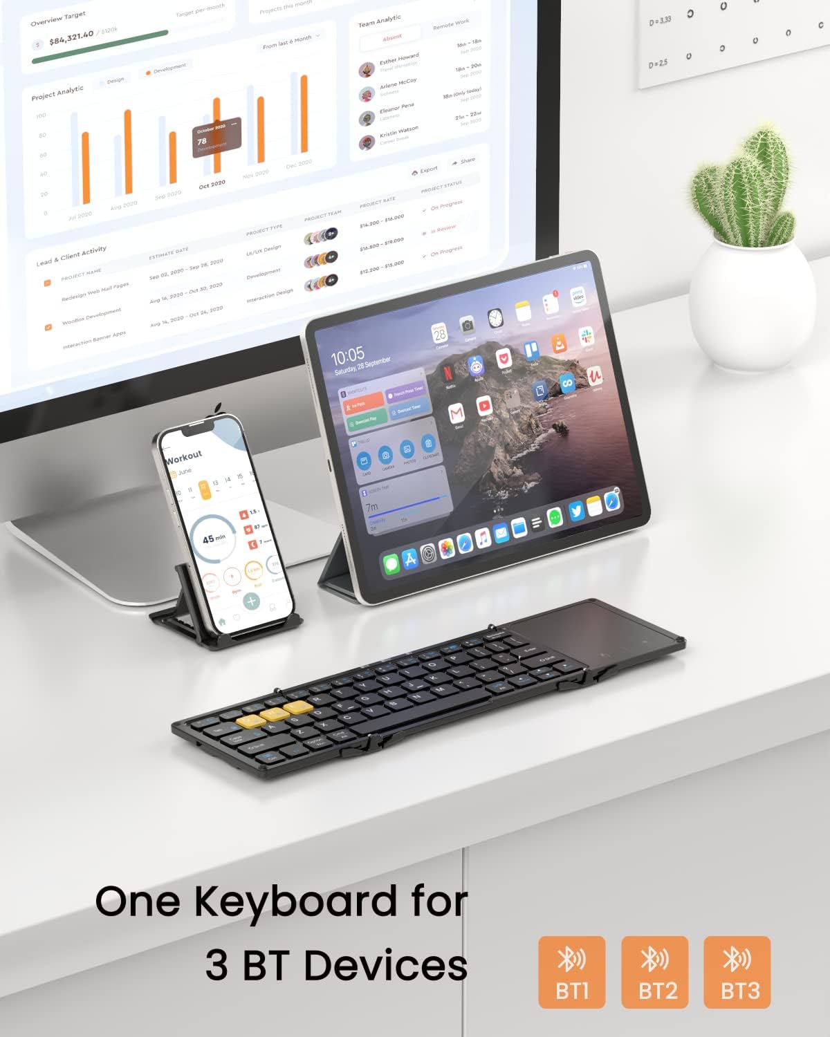 Foldable Bluetooth Keyboard, Wireless Portable Keyboard with Larger Touchpad, Pocket-Sized Folding Travel Keyboard for MacOS Android Windows iOS, Sync Up to 3 Devices (BT5.1 x 3)