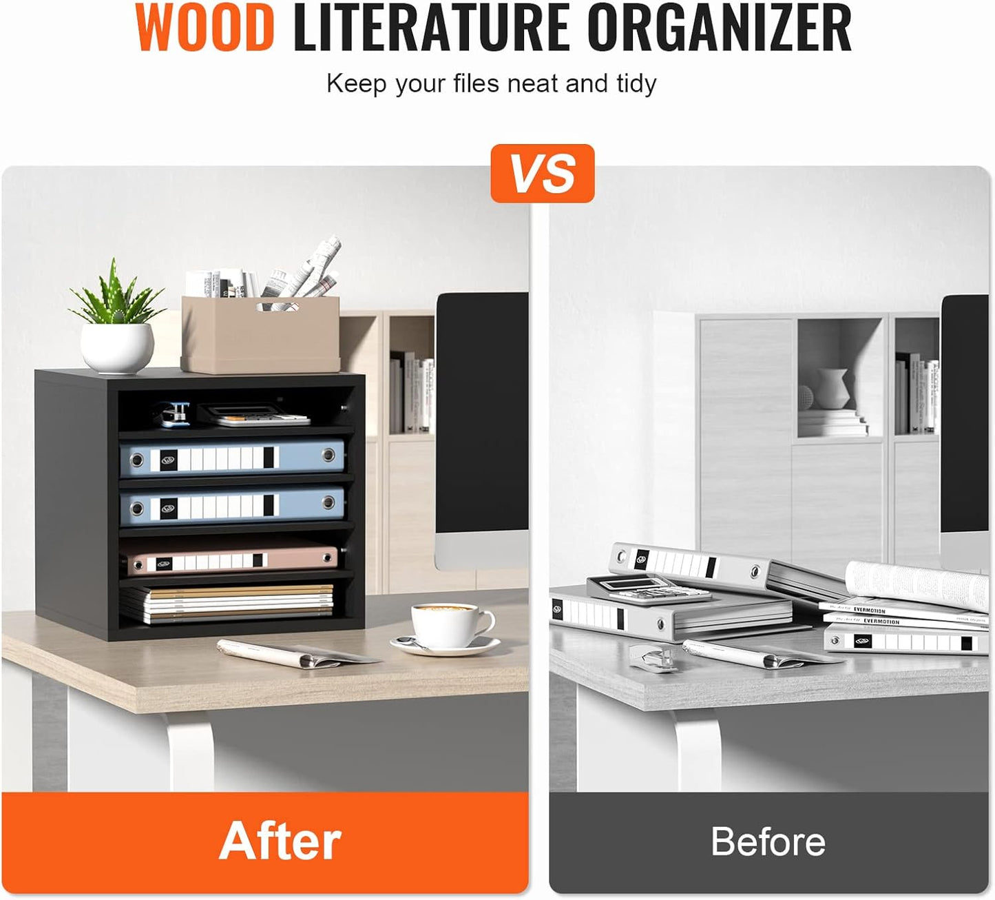 VEVOR Literature Organizers, 5 Compartments Office Mailbox with Adjustable Shelves, Wood Literature Sorter 13.9x12x13 inches for Office, Home, Classroom, Mailrooms Organization, EPA Certified, Black