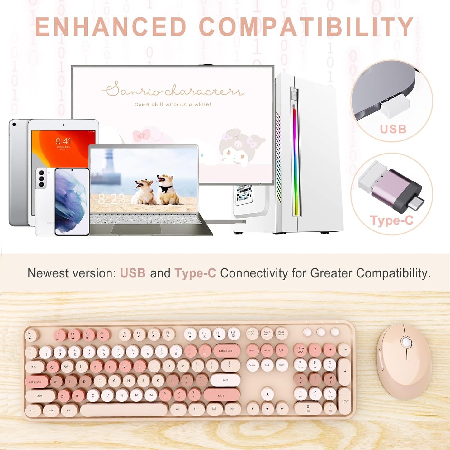 Wireless Keyboard and Mouse Combo, Ergonomic Full Size Typewriter Retro Round Keycaps Keyboard, Compatible with Windows, PC, Perfer for Home and Office Keyboards (Chocolate Color)
