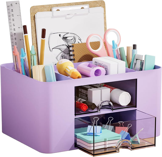 Marbrasse Pen Organizer with 2 Drawer, Multi-Functional Pencil Holder for Desk, Desk Organizers and Accessories with 5 Compartments + Drawer for Office Art Supplies (Purple)