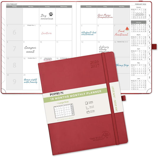 POPRUN Monthly Planner 2026-2027 (Large- 8.5" x 10.5" Soft Cover), 18-Month Calendar Book (Jan.2026 - Jun. 2027), Calendar Planner with Monthly Tabs & Pocket, 100 GSM Paper - Burgundy