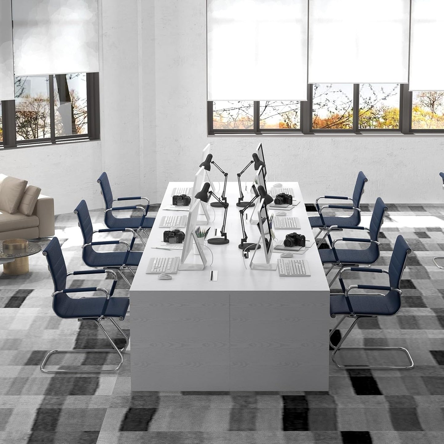 Office Desk Chair No Wheels Set of 6 PU Leather Computer Chairs Mid Back Guest Chairs for School Reception Conference Waiting Room, Navy Blue