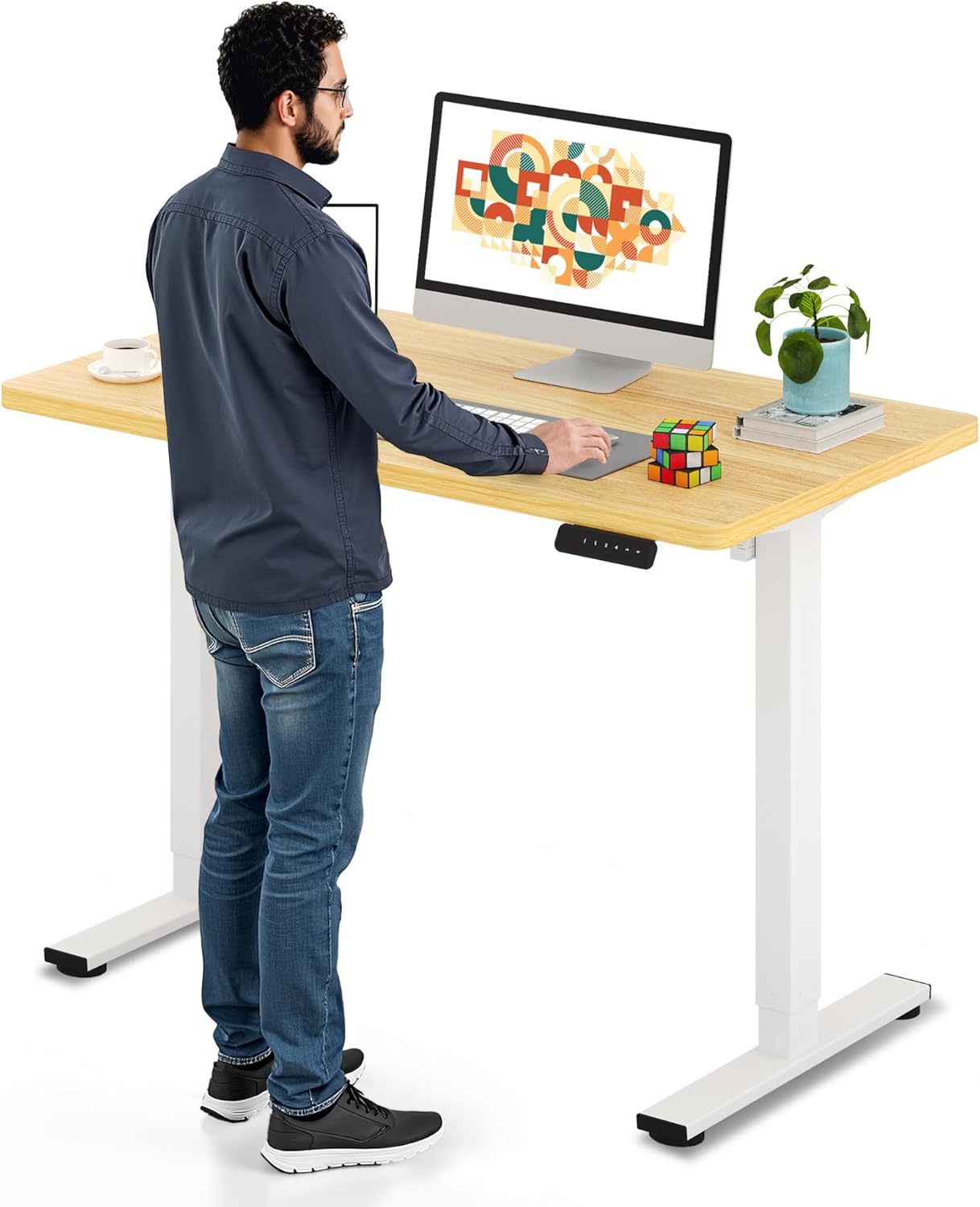 SANODESK Electric Standing Desk 40 x 24 Inches Whole-Piece Desktop Height Adjustable Stand Up Desk w/6-Button Controller Ergonomic Computer Desk for Home Office, White Frame + Natural Tabletop