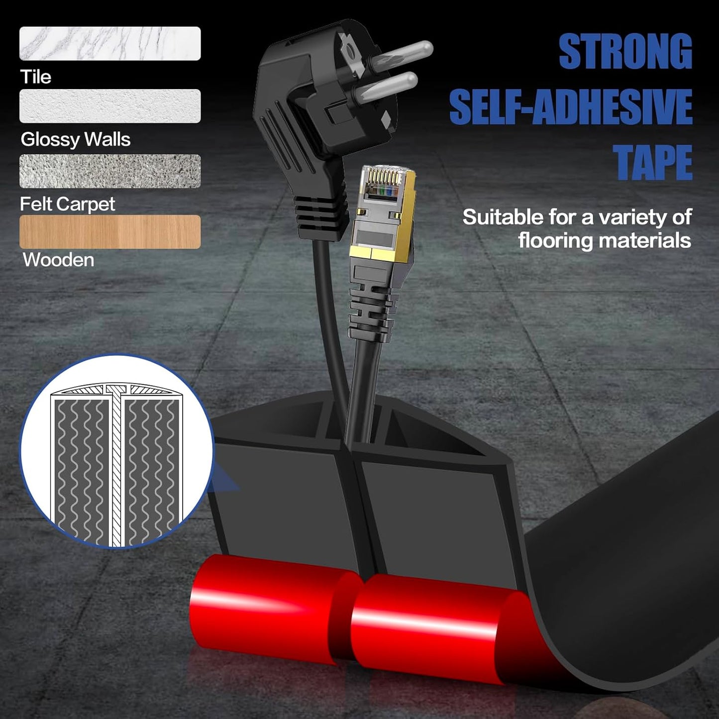 Floor Cord Cover Self Adhesive Cord Hider,3.3FT Cable Management, Extension Strip Protector for Wires, Prevent Cable Trips for Offices, Gyms, Exhibitions Cavity:0.47"(W) x 0.35"(H) Black