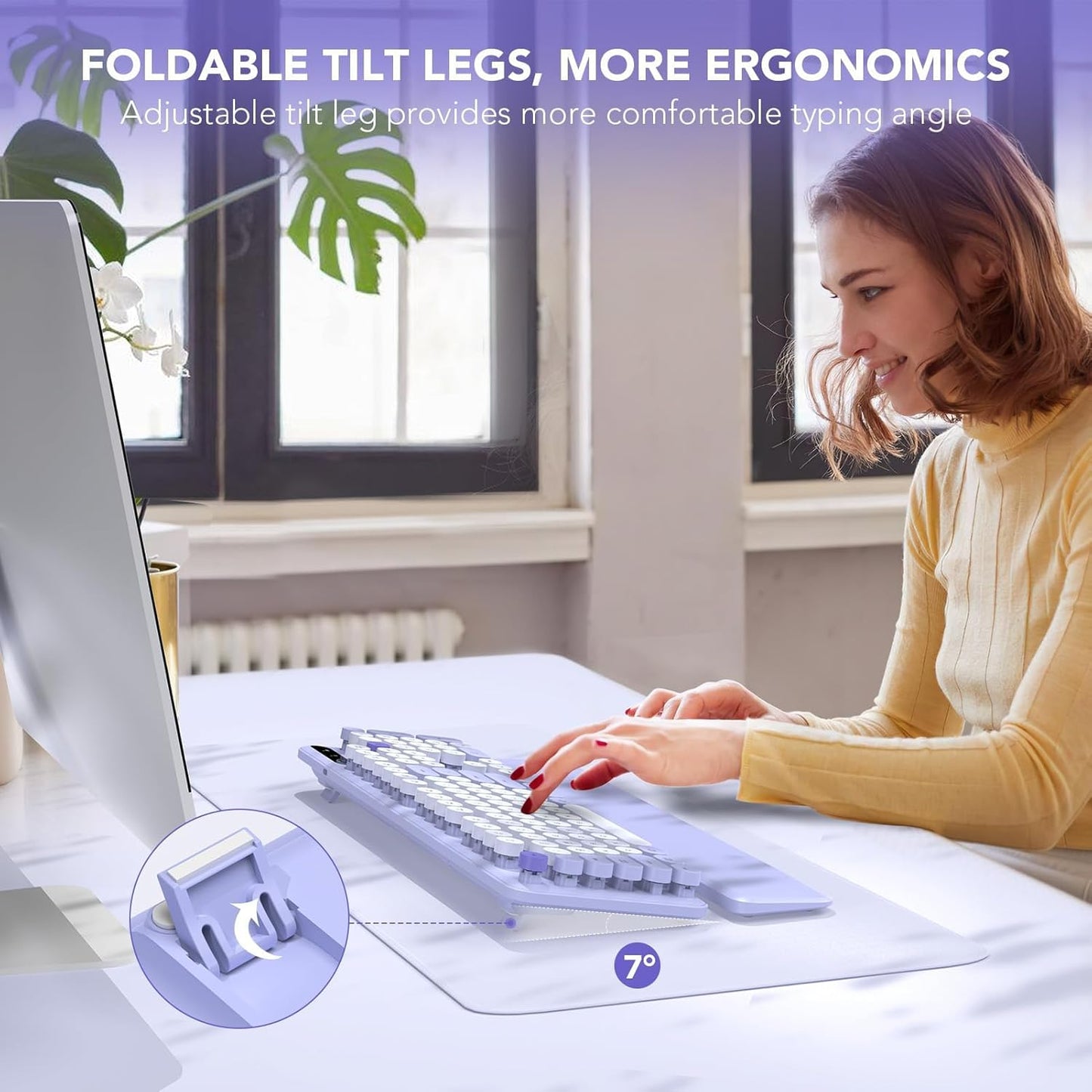 Wireless Keyboard, Round Keycaps, Retro Typewriter Keyboard with Detachable Wrist Rest, Sleep Mode, Foldable Legs, 2.4GHz Full-size Cordless Computer Keyboard for Windows/PC/Laptop (Colorful-Purple)