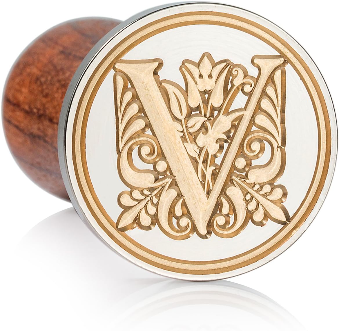 Mceal Wax Seal Stamp, Large Seal 1 1/5"(30mm) Dia, Silver Brass Head with Wooden Handle, Regal Letter A to Z Series (Letter V)