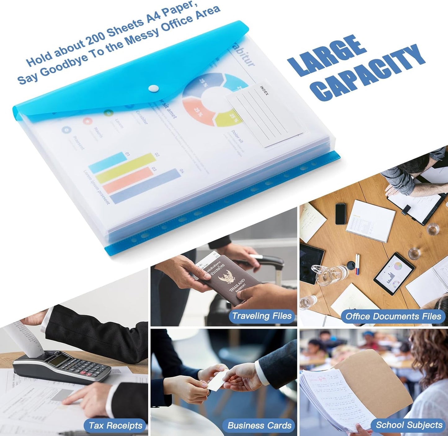 Binder Pocket Organizer Folders, 12 Pack Expandable Files Bag Plastic Envelopes Binder Folders with 11 Holes for 2/3/4 Ring Binder, Document Pouch with Snap Button and Label for School Office Home