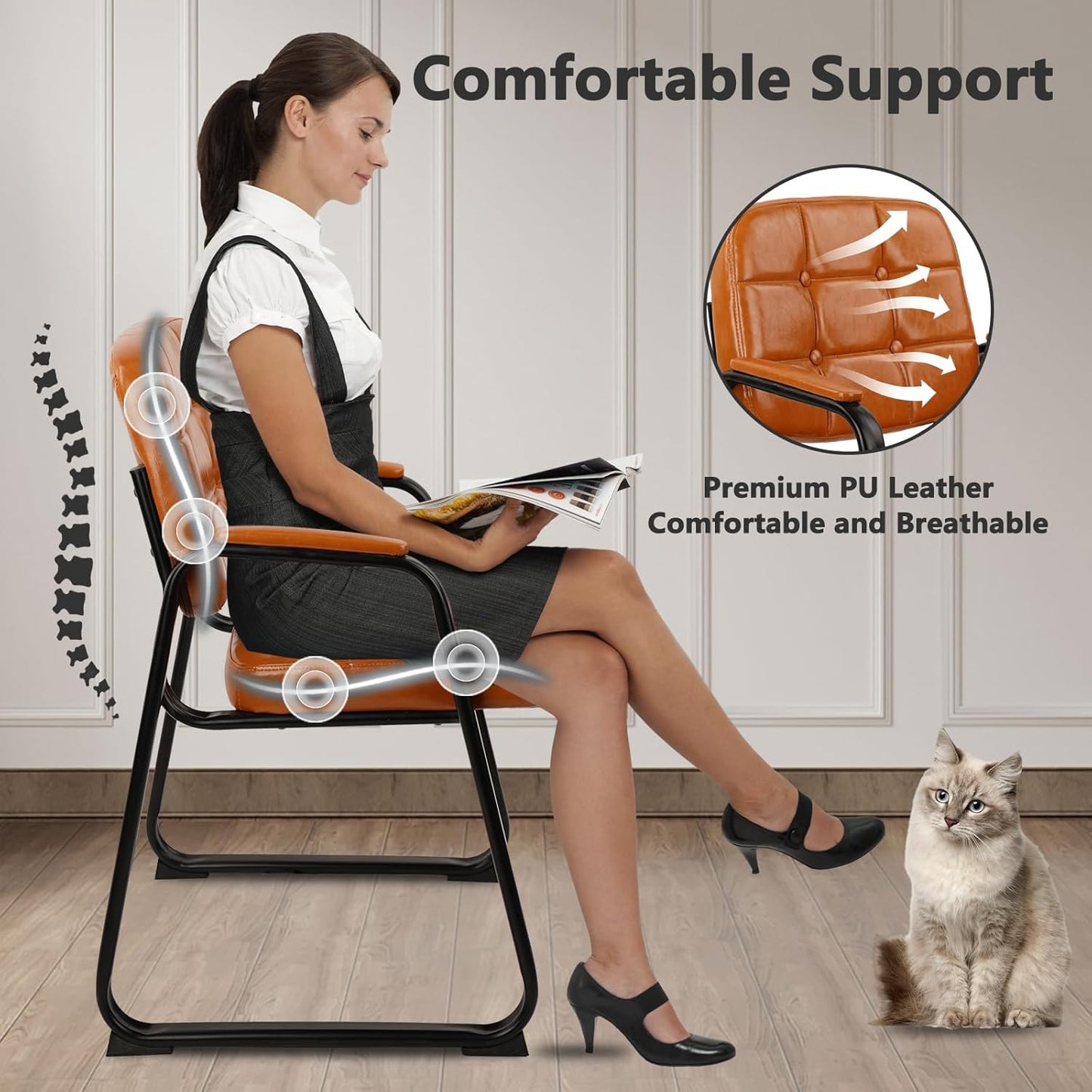 CLATINA Office Guest Chair, Leather Reception Chairs with Padded Arms, Desk Chair No Wheels Stationary for Conference Lobby Waiting Room Training Side Elderly, Orange