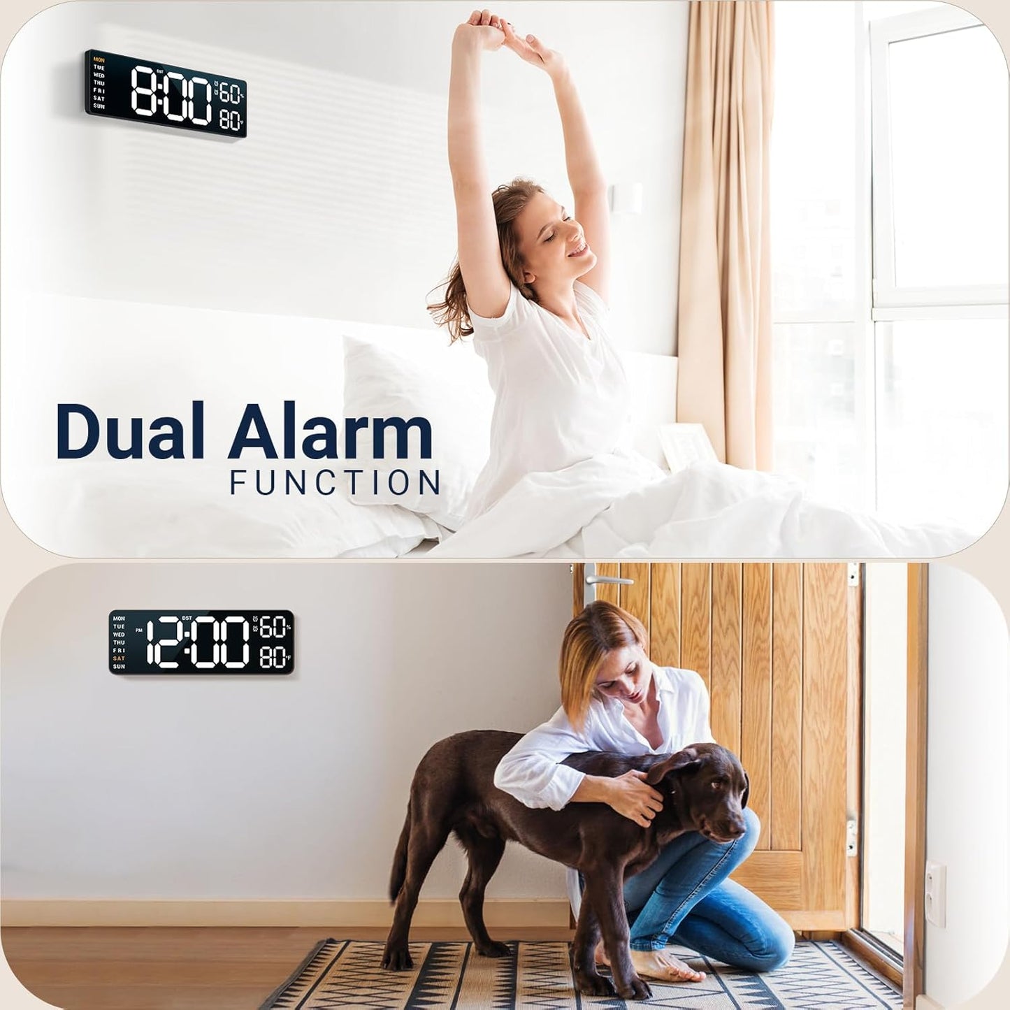 10" Digital Wall Clock: Dual Alarm Wall Mount Decor Clock for Living Room Classroom Office Desk, House Warming Gifts New Home Decor, Gift for Mom Dad Seniors Teen White