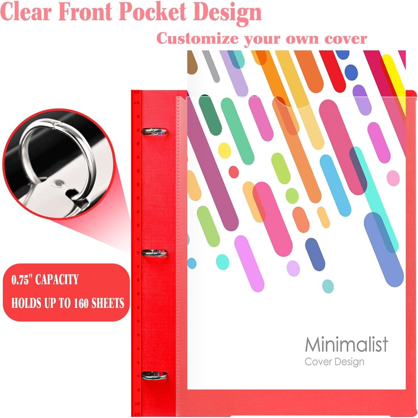 INFUN Telescoping 3 Ring Binder - 4PCS, Flexible Round Binder with Customizable Front Cover and Clear Catalog Pocket, Holds 8.5x11 inch Paper- Green, Red, Orange, Blue