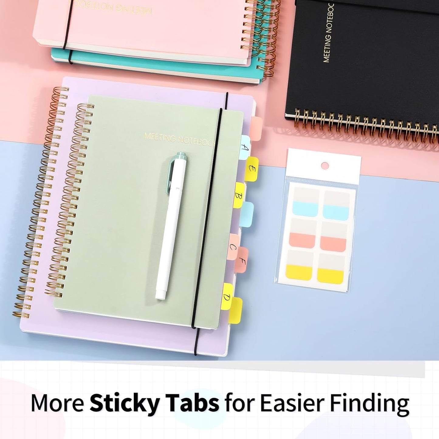 SUNEE Meeting Notebook for Work with Sticky Tabs - 160 Pages, A4 Size Project Planner, Spiral Meeting Agenda/Minutes Notebook Organizer for Women Men, Note Taking, Office&Business,8.5"x11", Sage Green