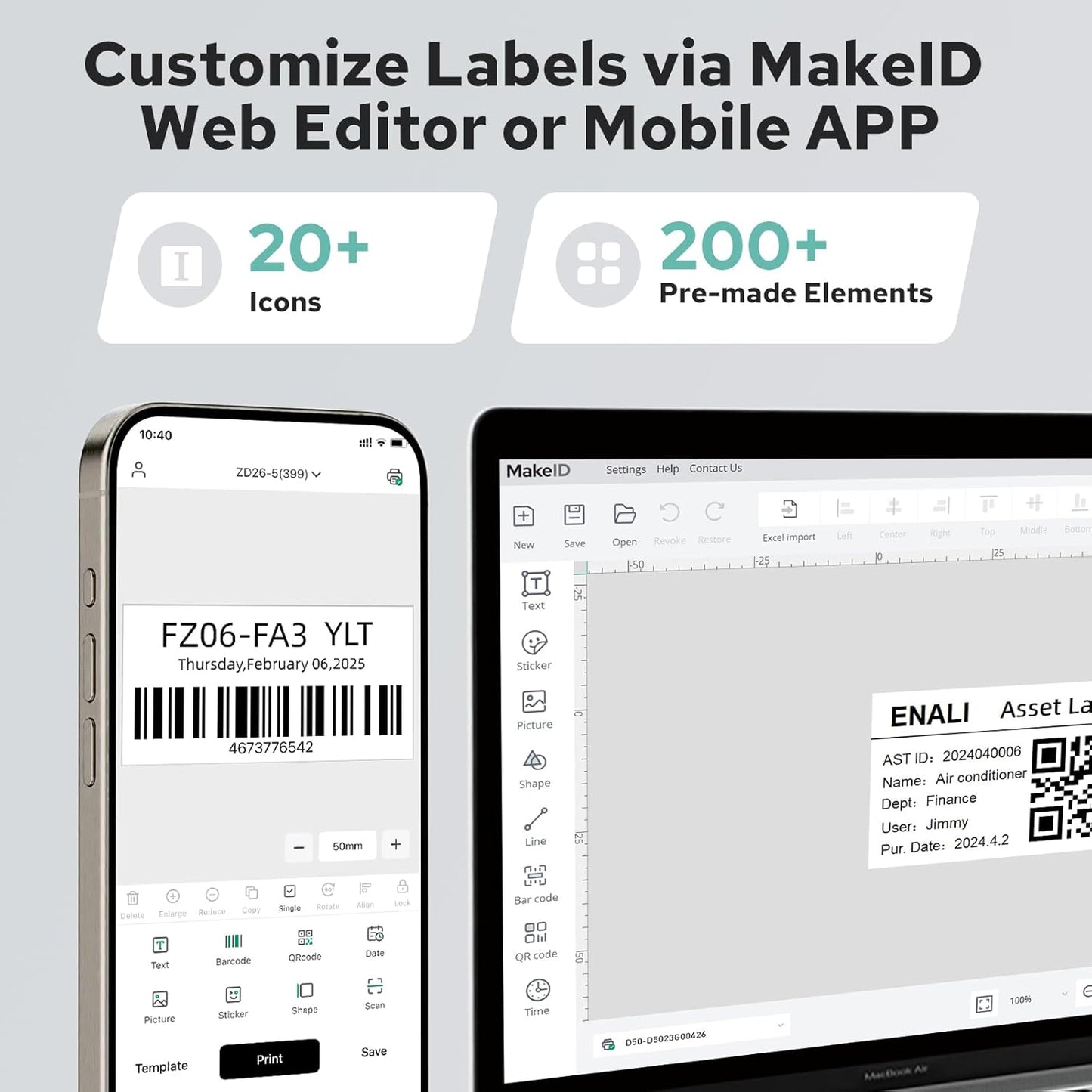 Makeid D50 Industrial Label Printer, Desktop Label Maker 2" Print Head, Mobile APP & PC Editor Compatible, 2600mAh Li-ion Battery, Come with 1.97" W x 26.24ft L Label Heavy-Duty Labeler for Job Sites
