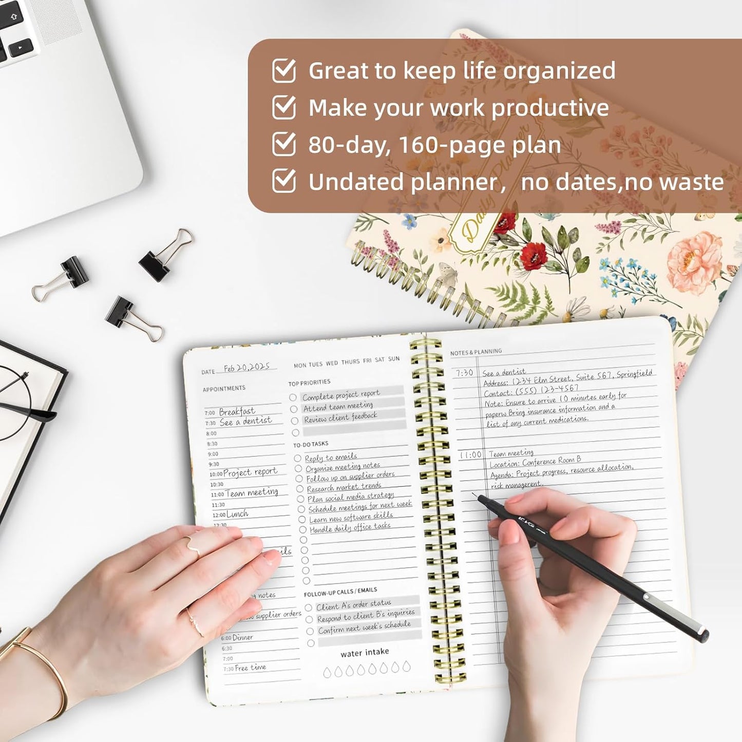 Undated Daily Planner - Spiral Notebook 80 Days One Day Per Page, Hourly Schedule, To-Do List, Notes, Everyday Planning Task, A5 Hardcover Journal Organizer Book Women Cute Aesthetic, Floral