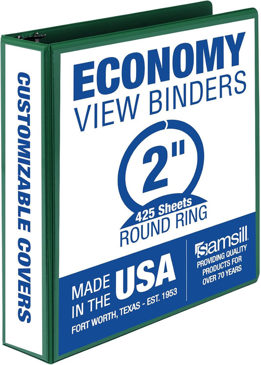 Samsill 2 Inch 3 Ring Binder, Made in USA, Economy Round Ring, Clear View Cover, 425 Sheet Capacity - for School, Home, Office - Forest Green
