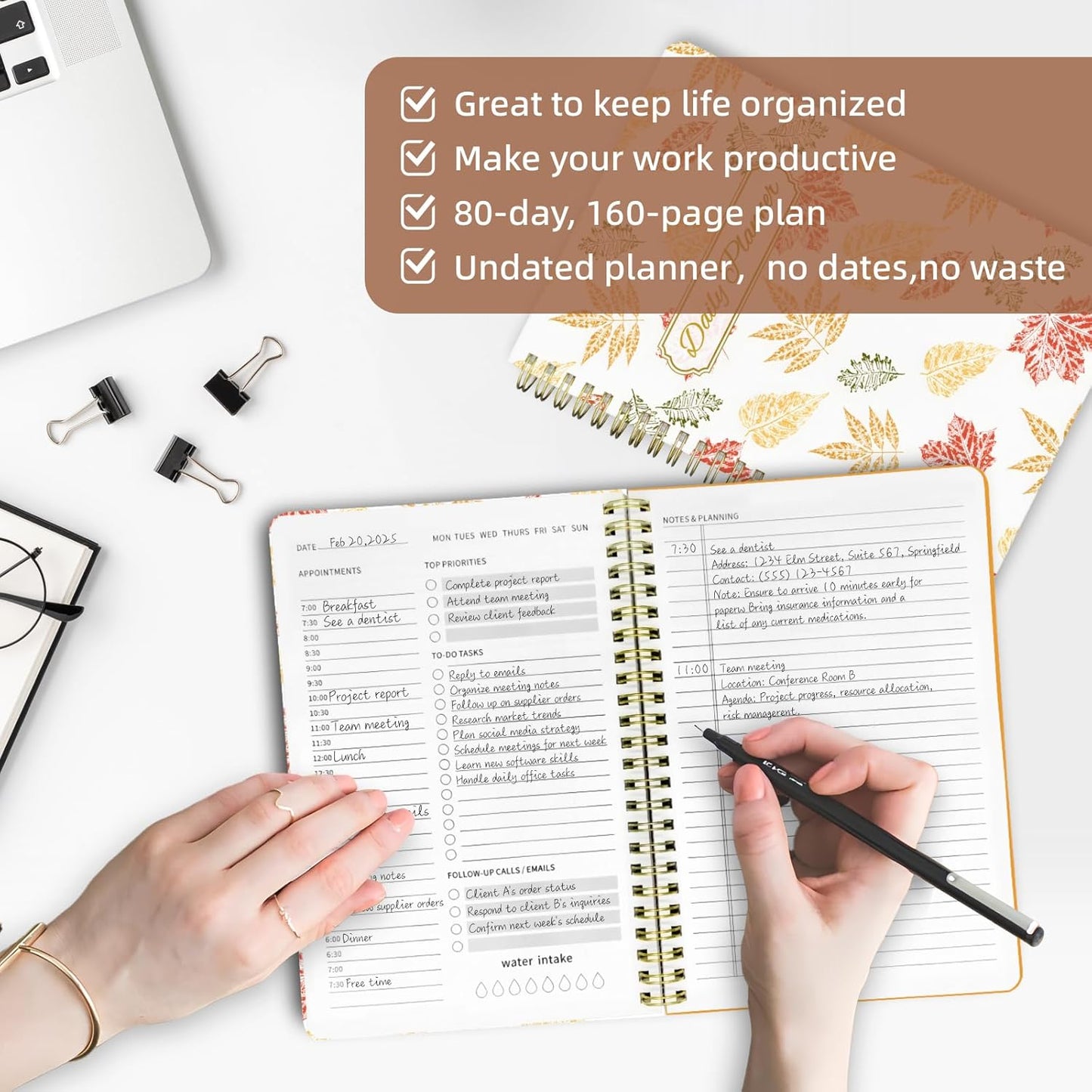 Undated Daily Planner - Spiral Notebook 80 Days One Day Per Page, Hourly Schedule, To-Do List, Notes, Everyday Planning Task, A5 Hardcover Journal Organizer Book Women Cute Aesthetic, Fall