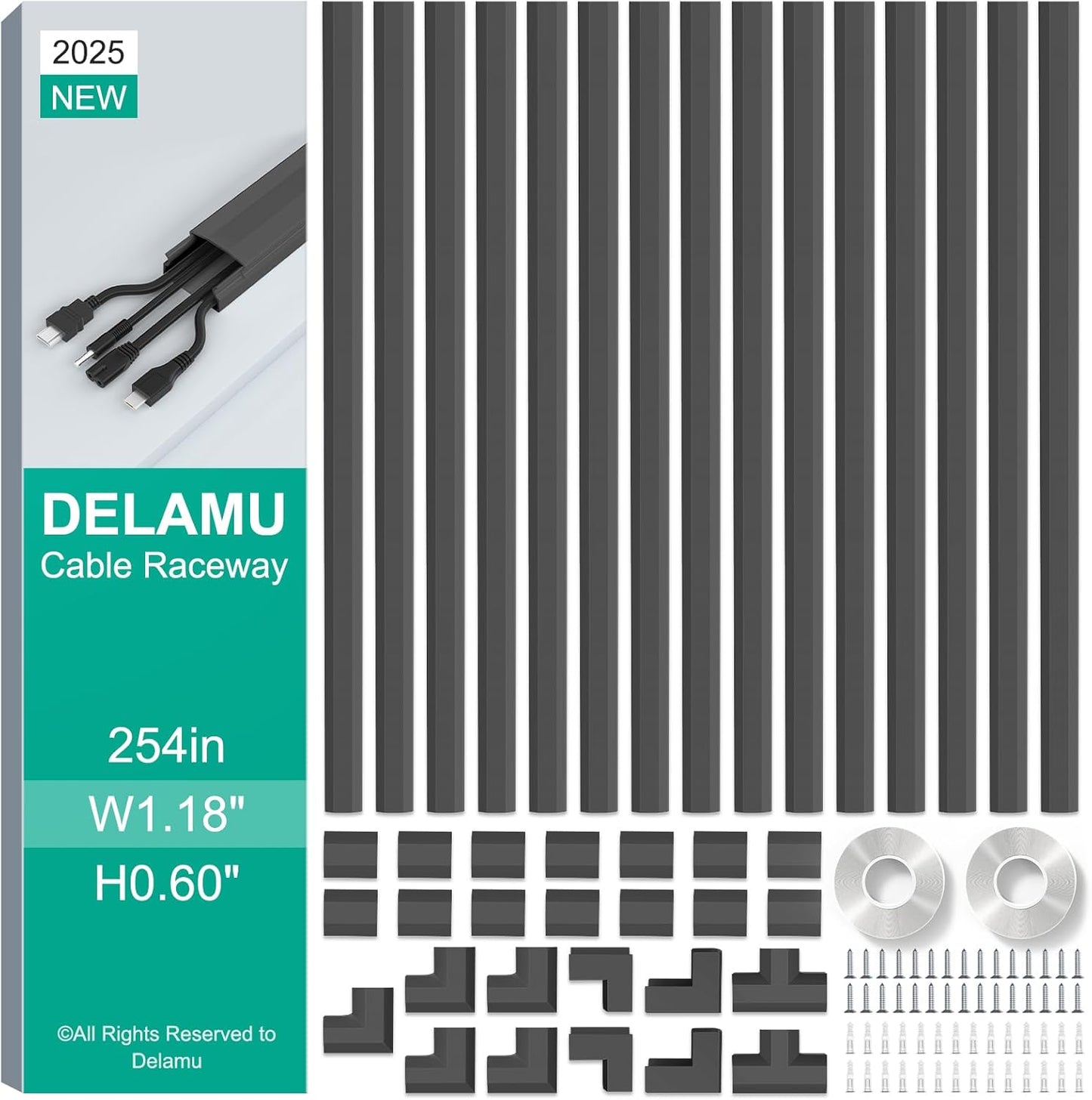 Delamu Wire Covers for Cords on Wall, 254in Black Cord Hider, Large Cable Hider Cord Covers for 3-4 Wires on Wall, Wire Hider Cable Cover Raceway, Black Tv Cable Management, 15x L16.9 W1.18 H0.6in