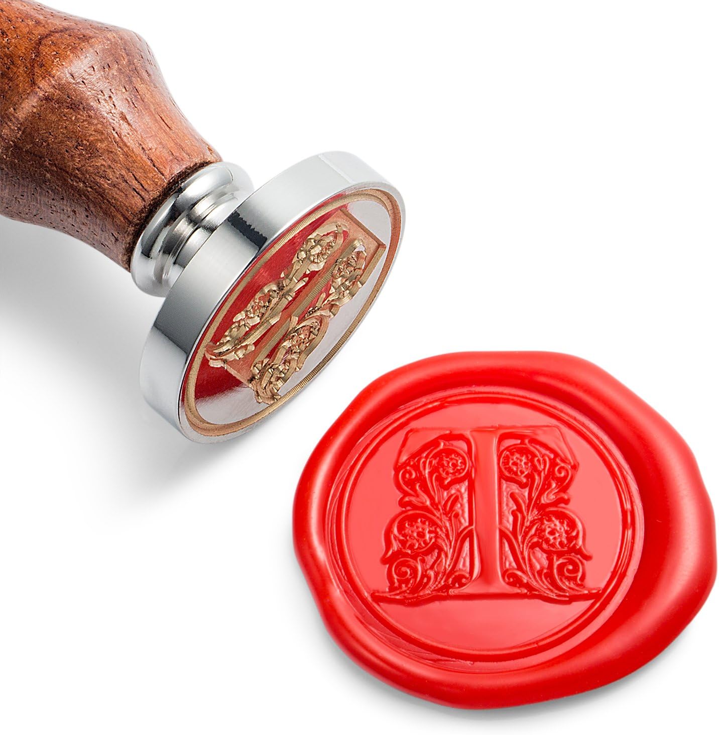 Mceal Wax Seal Stamp, Large Seal 1 1/5"(30mm) Dia, Silver Brass Head with Wooden Handle, Regal Letter A to Z Series (Letter T)