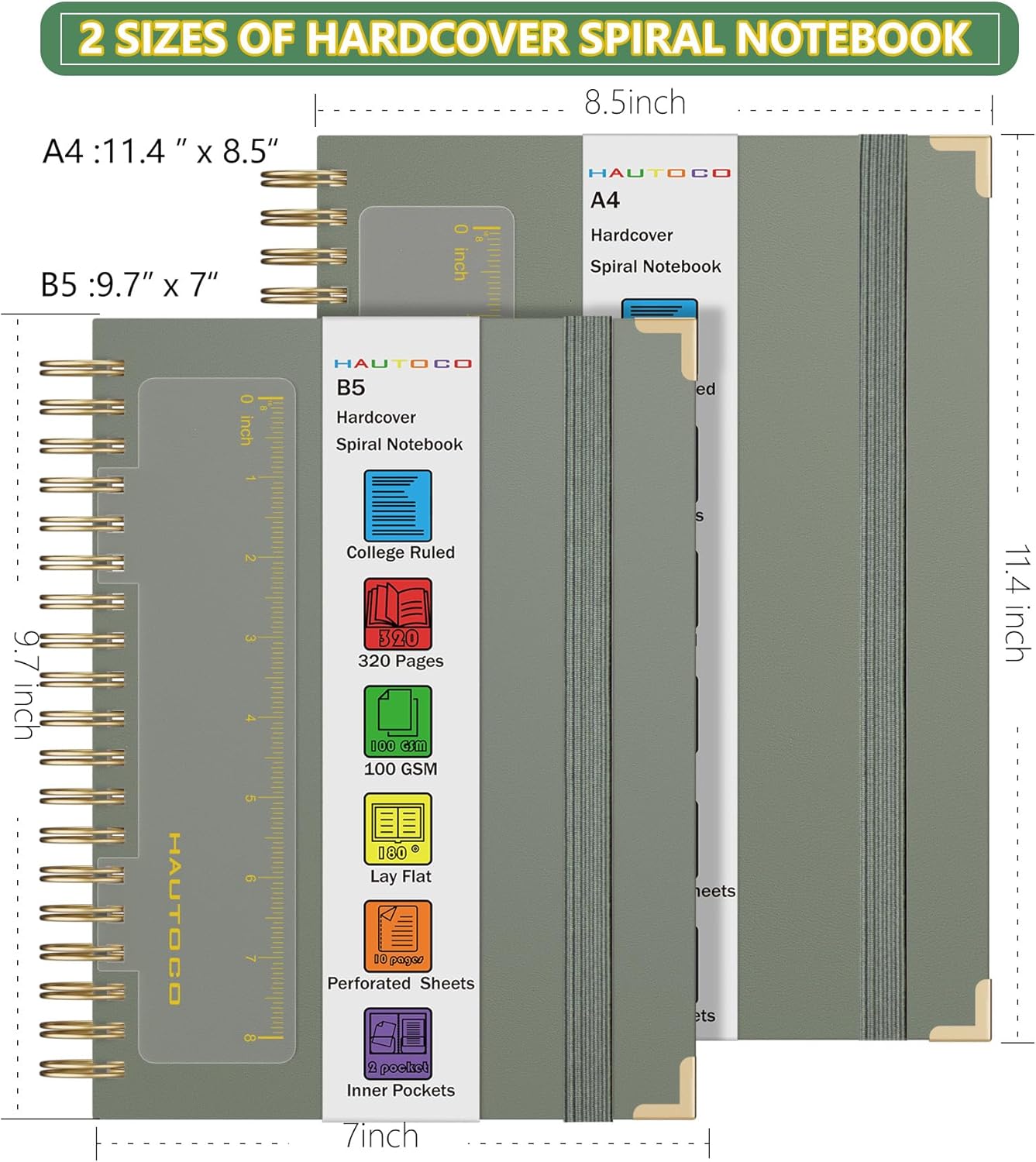 HAUTOCO Spiral Notebook Journal 8.5X 11", College Ruled Leather Notebook with 320 Pages, 100 GSM Paper, A4 Hardcover Notebook, Lined Journaling Notebooks for Work Office School Business, Olive Green