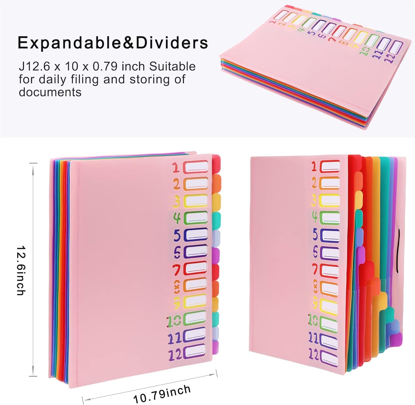 Rainbow Tab Expanding File Folder - 24 Pockets, Durable A4 Letter Size Organizer, Water-Resistant Plastic Dividers, Home/Office/School Document Holder (Pink)