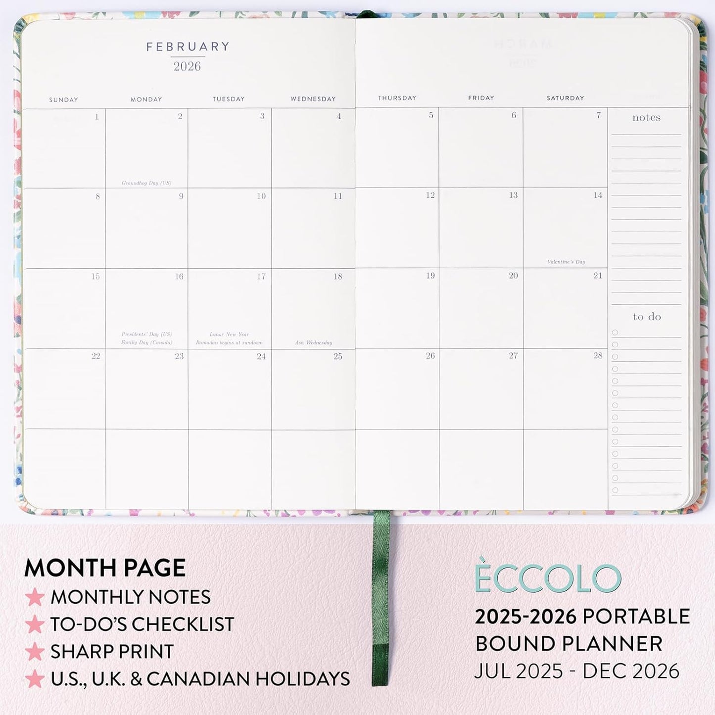 2025-2026 Eccolo 18 Month Bound Planner, Monthly & Weekly Pages (5.25 x 7.75" - July 2025 - Dec 2026 - Flower Garden)