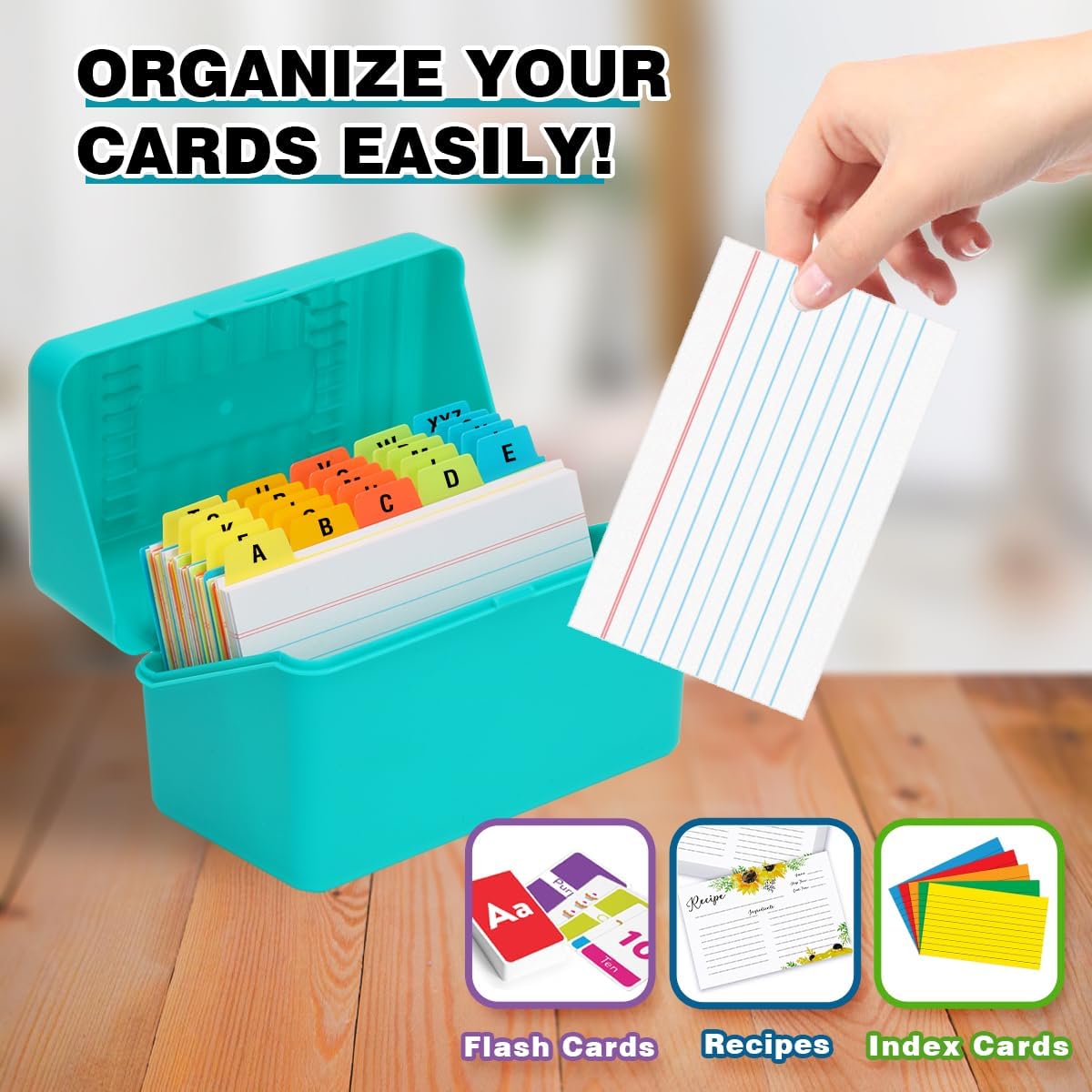 H4D 3x5 Index Card Holder with 100 Heavyweight Ruled Index Cards and 25 Plastic Dividers, Teal