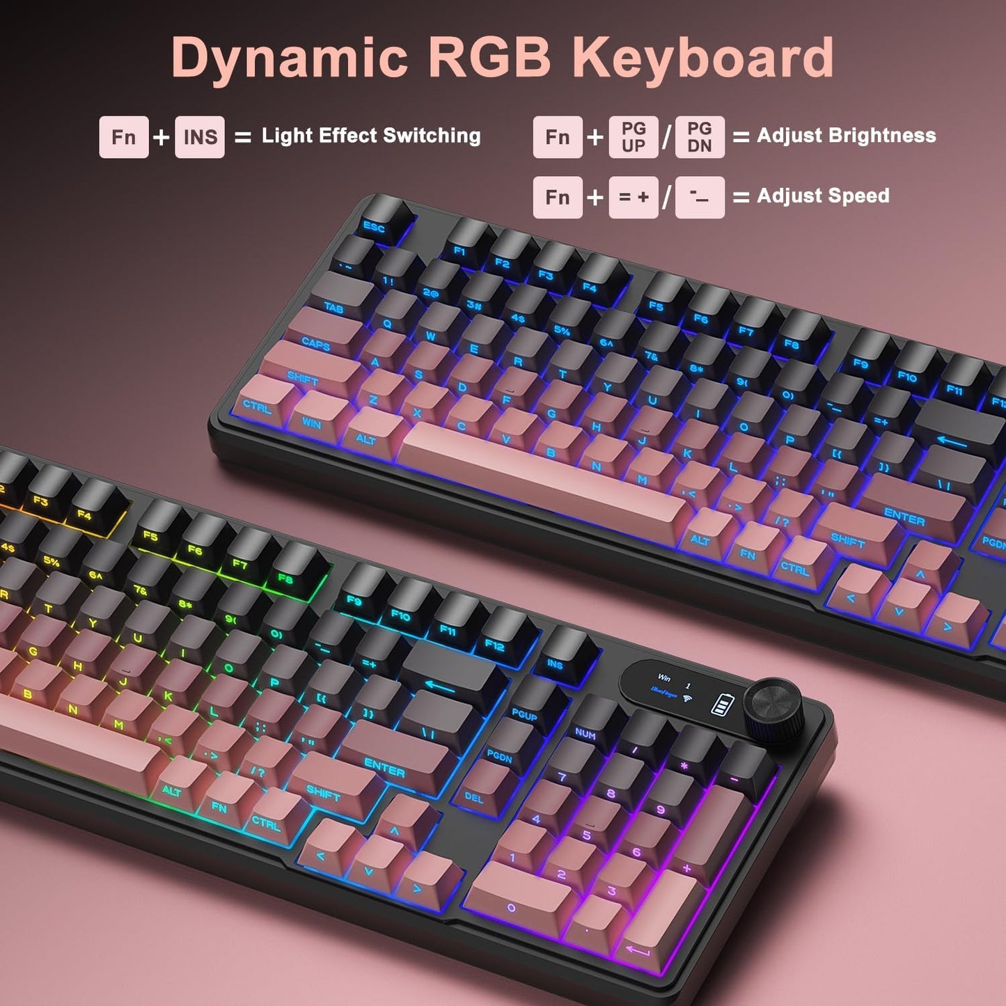 BlueFinger Wireless Gaming Keyboard, RGB Backlit, Tri-Mode Bluetooth/2.4G/USB-C, 98 Keys Quiet Keyboard with Number Pad, Volume Knob & Screen, Side Printed PBT Keycaps for PC/Mac/Laptop
