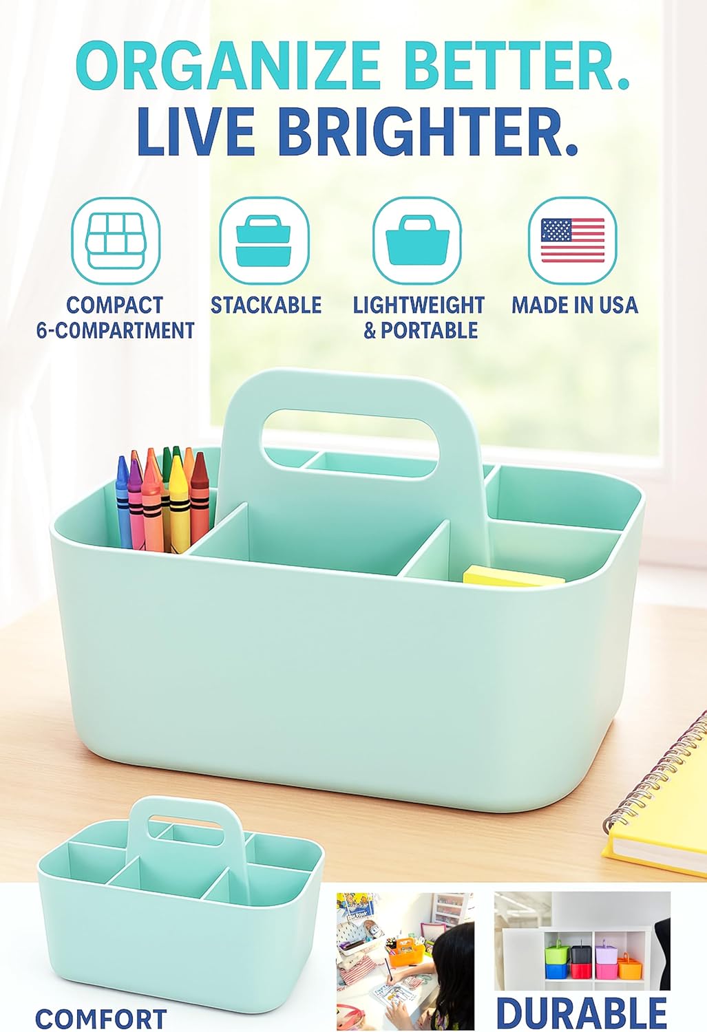 Small Stackable Plastic Caddy with Handle 6 Compartment | Desk, Makeup, Dorm Caddy, Classroom Art Organizers - 4 Pack, Made In USA (Mint)