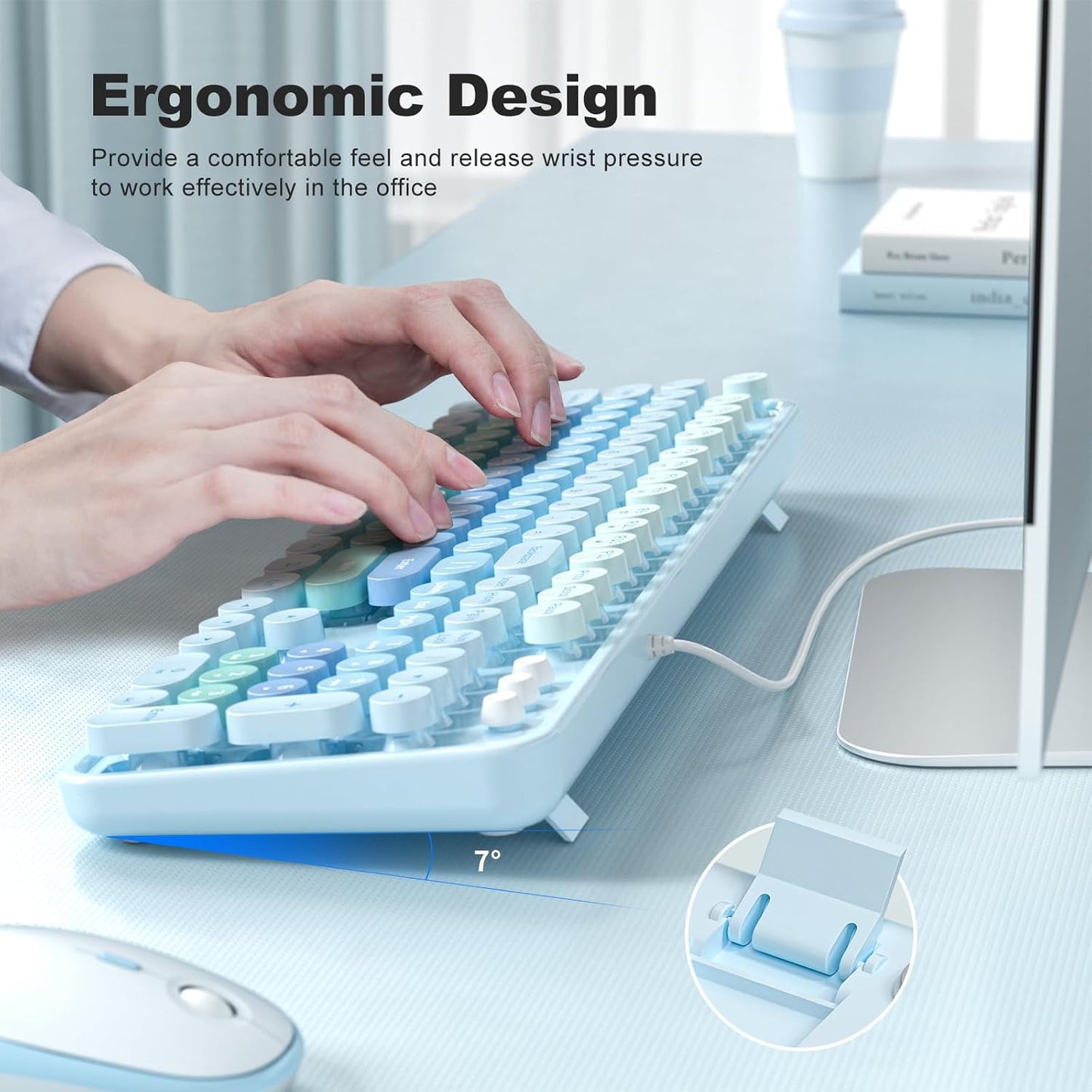 Large Print Keyboard, USB Wired Computer Keyboard with Retro Keycaps, Numeric Keypad and Media Hotkey for Office Desktop PC Laptop and Windows 7 8 10 11 (Blue Colorful)