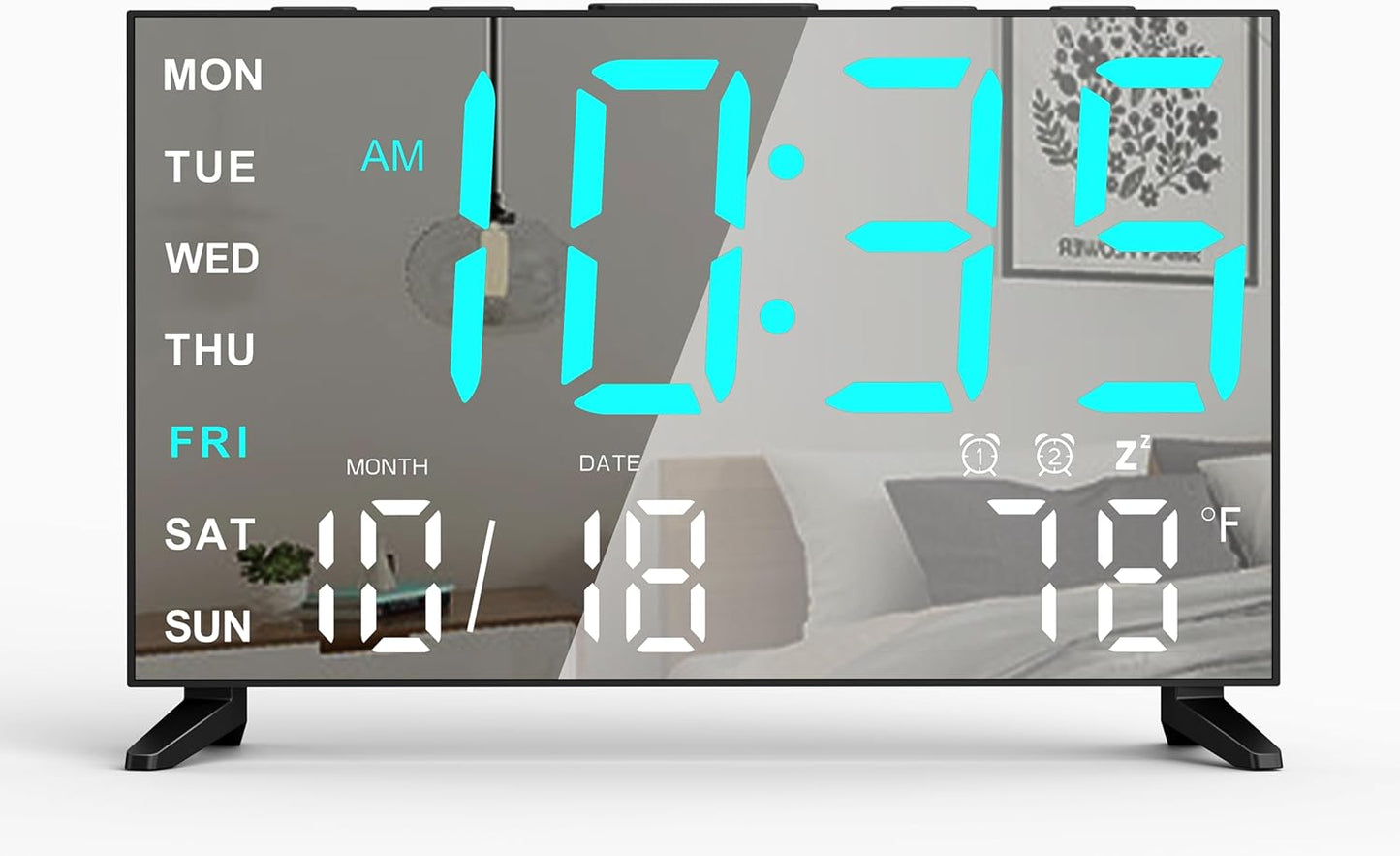 Mirror Digital Loud Alarm Clock,Indoor Temperature,USB Charging Port,Dimmer,Dual Alarms,Adjustable Volum,12/24H,Snooze,Perfect for Bedroom and Living Room (Black+Ice Blue Digit)