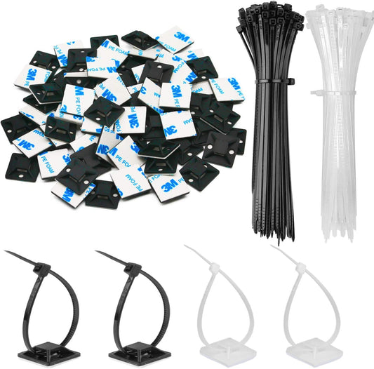 30 Pack 2 inch Zip Tie Adhesive Mounts Self Adhesive Cable Tie Base Holders with Multi-Purpose Tie wire clips with screw hole,Anchor stick on wire holder with 8 inch zip ties （Black&White）