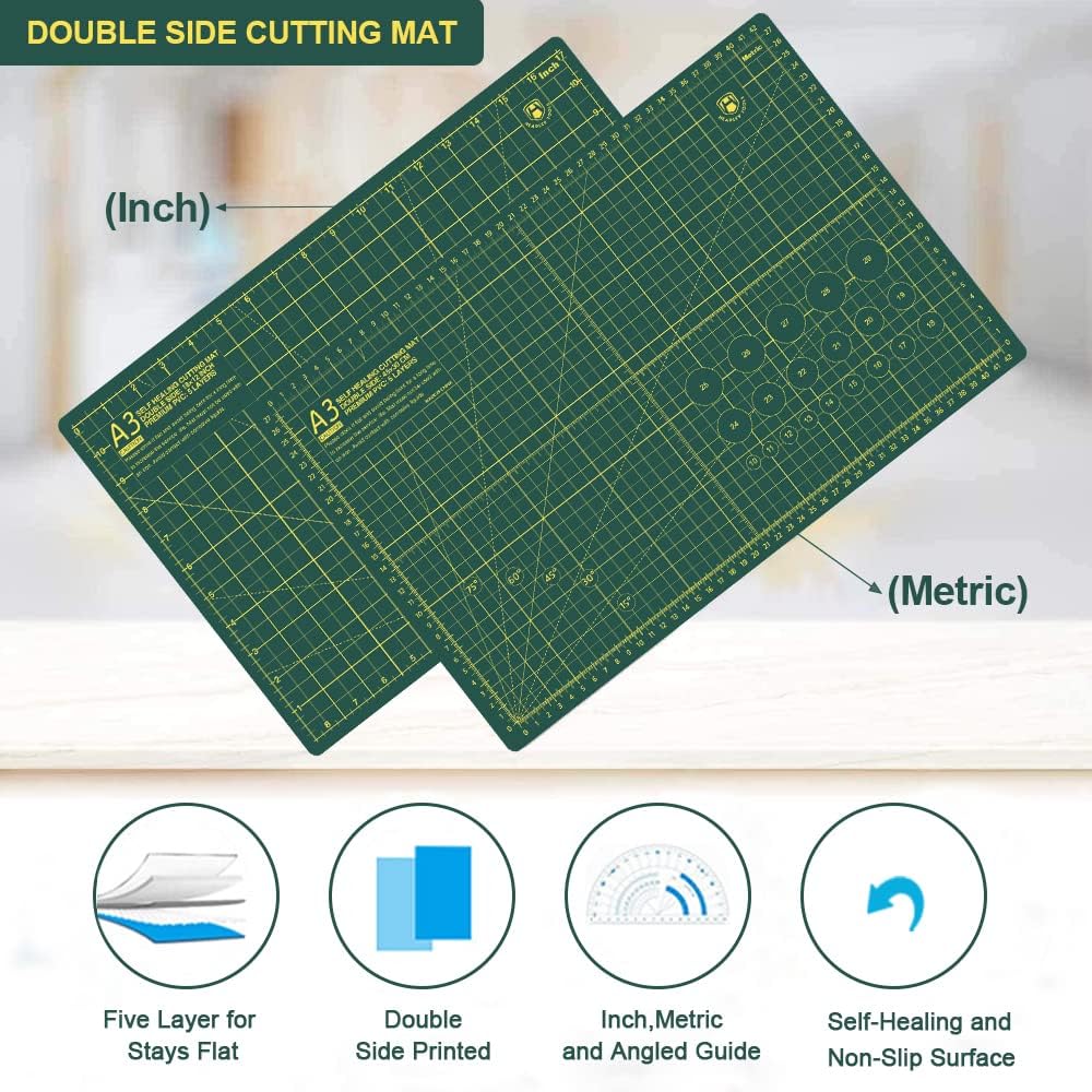 Headley Tools 18"x12" Thickened Self Healing Cutting Mat, A3 Rotary Cutting Sewing Mat for Crafts, Double Sided 5-Ply Table Cutting Board for Fabric Quilting Leather Arts Hobby Project, Green