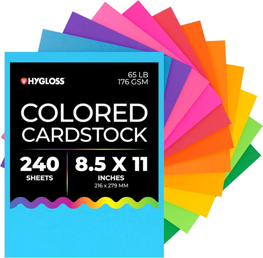 Hygloss Bright Colored Cardstock - 8.5x11-Inch, 12 Assorted Colors, 240 Sheets, 65 lb/ 176 gsm, Fade-Resistant, Acid-Free Color Card Stock Paper