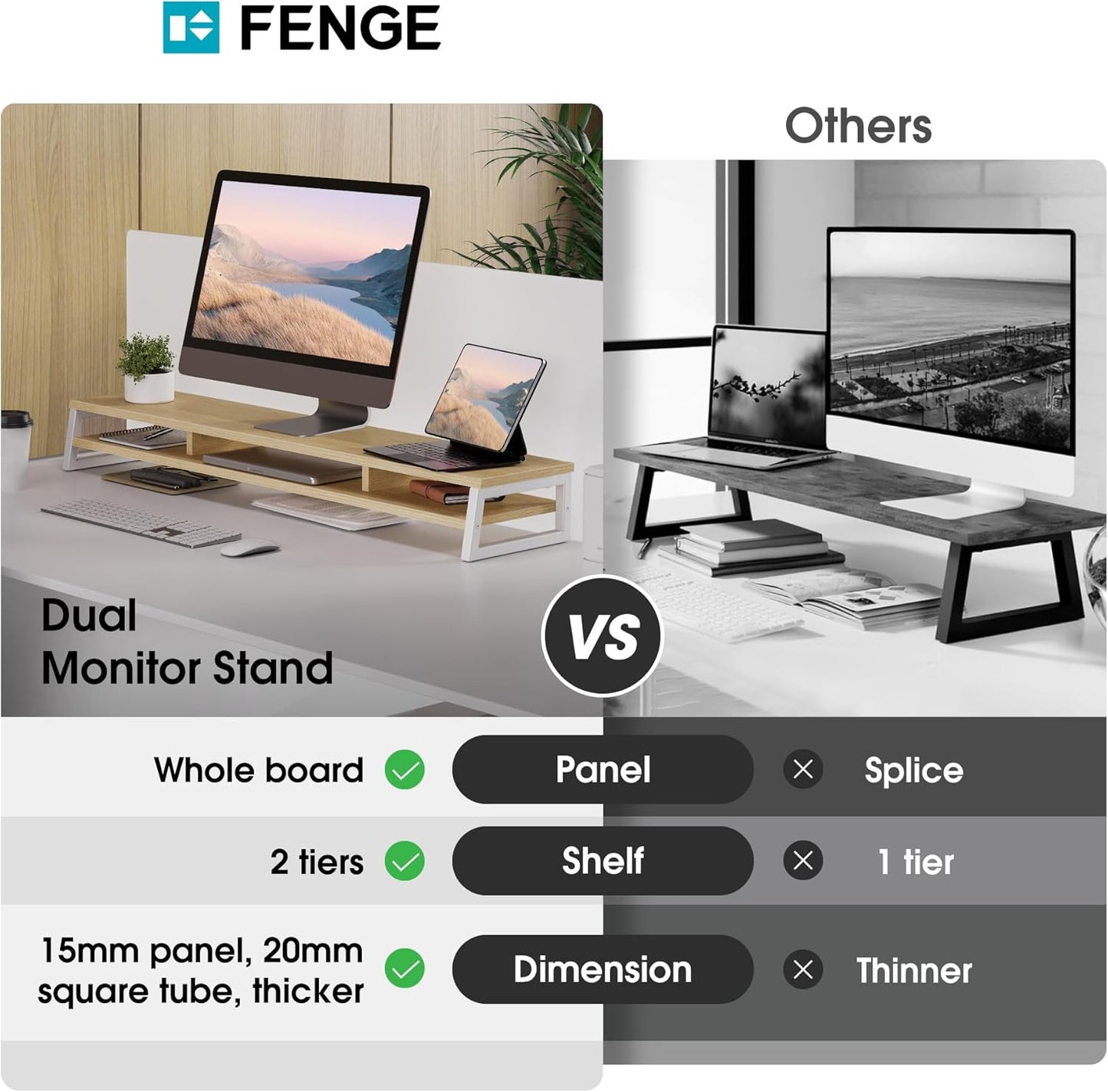 Fenge Dual Monitor Stand for Desk, 42.5in Large Monitor Riser for 2 Monitors, 2 Tier Computer Office Desk Top Shelf, Desktop Storage Stand for Laptop, PC, Computer, Printer
