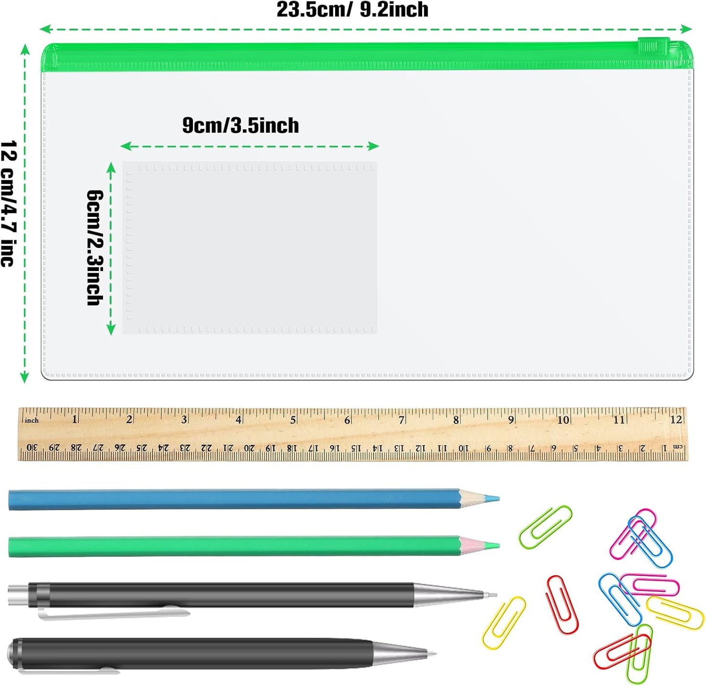 Marspark 100 Pieces Clear Pencil Case Zipper Envelope Bulk with Label Pocket Clear Plastic Envelopes with Zippered, A6 Pencil Bags for Cash, School Office Supplies, 9.2 x 4.7 Inches(Green)