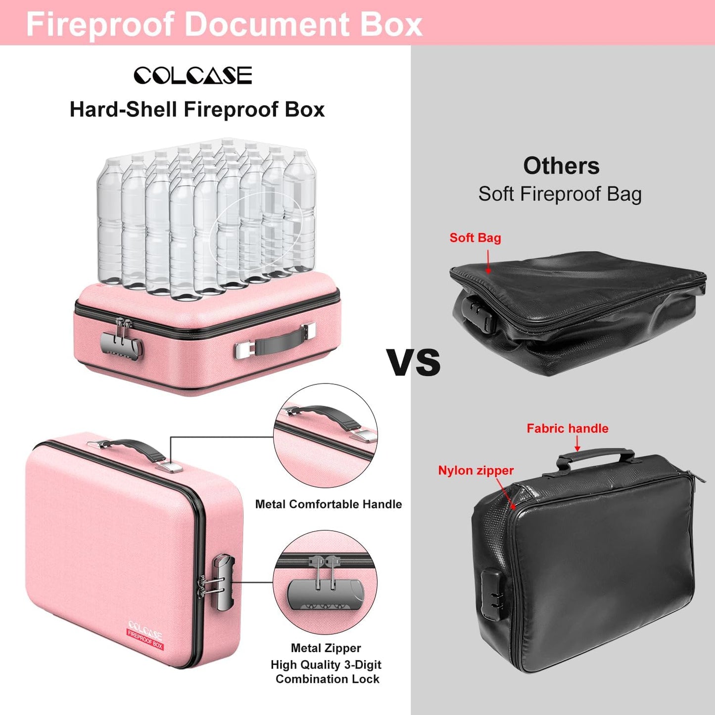 Hard Case Organizer Box with Lock, Hard-Shell Design, Fireproof, Water Resistant for Important Documents, Certificates, Laptop, Passports, Pink