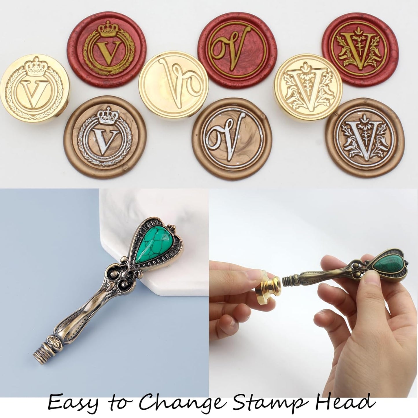 Letter Wax Seal Stamp Kit, Andotopee Wax Seal Kit Initial Alphabet V Sealing Wax Stamp Head 3pcs, Vintage Wax Stamp Seal Kit with Wax Seal Beads, Wax Seal Warmer Tools, Wax Seal Pen, Gift Box Set