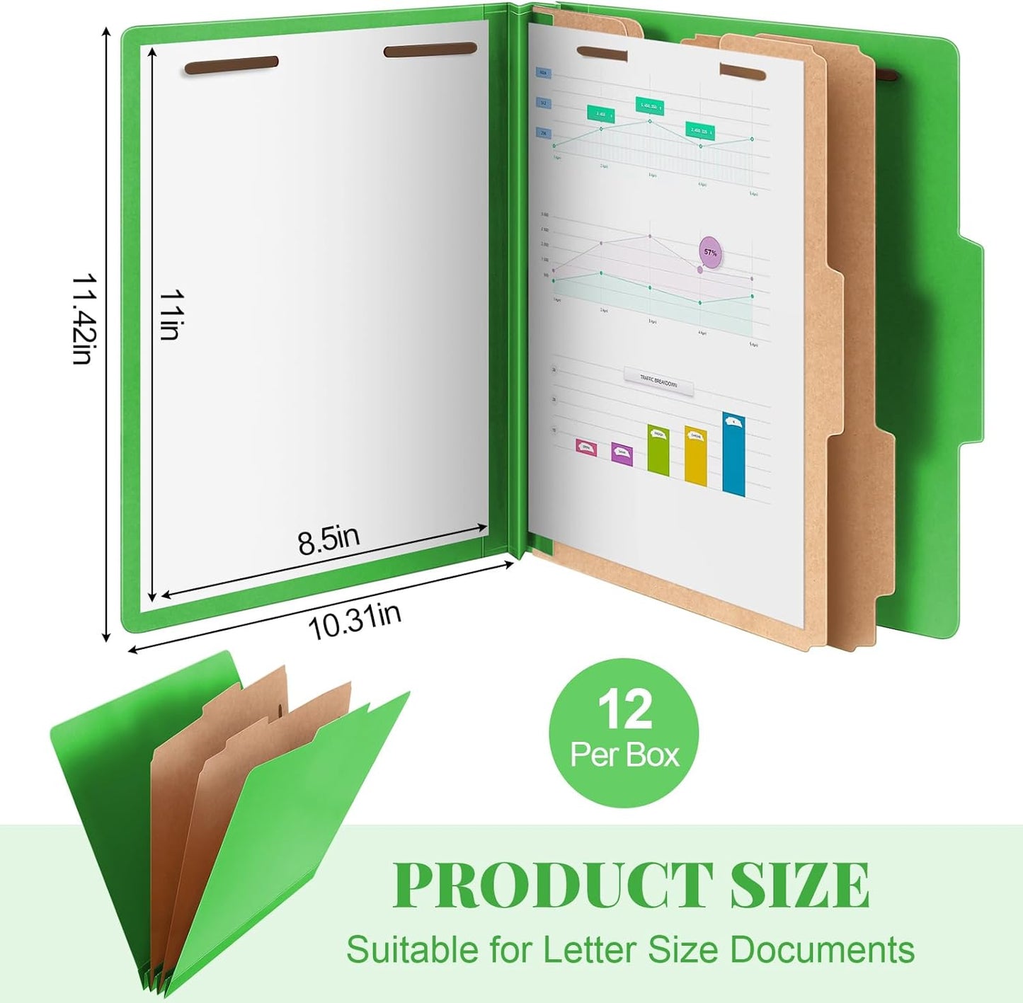 12 Pcs Classification Folders Letter Size Bulk - 2 Dividers Pressboard File Folder with 3. 5 Inch Expansion, 2 Prongs Fastener, Heavy Duty Office File Organizer for Teacher Medical (Green)