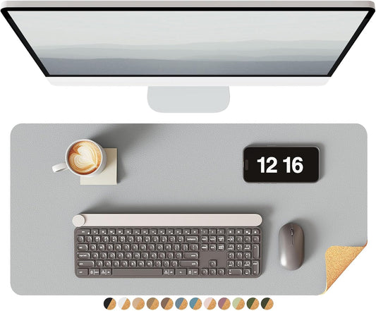YSAGi Leather Desk Mat, Eco Cork Mat, Large Mouse Pad, Waterproof Blotter - 23.6"x13.7", Grey+Cork