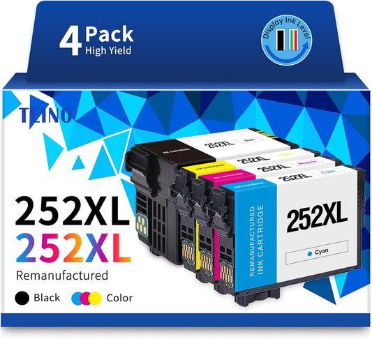 TEINO 252XL 252 Ink Cartridges Combo Pack Remanufactured Ink Cartridge Replacement for Epson 252 XL 252XL for Workforce WF-7710 WF-3640 WF-7720 WF-3620 WF-7620 (Black Cyan Magenta Yellow, 4-Pack)