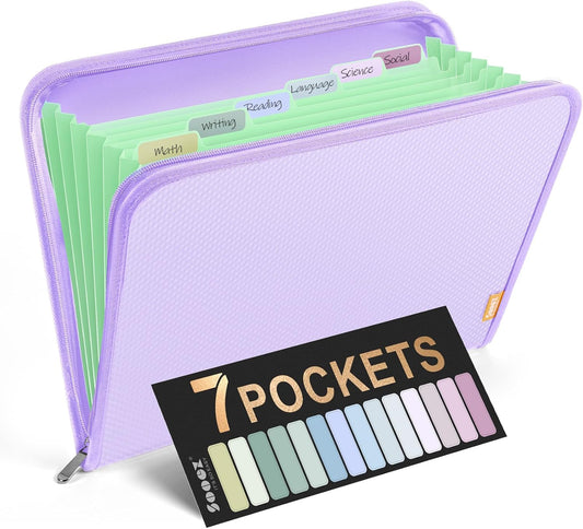 Sooez 7 Pockets Accordion File Organizer, Zipper Expanding File Folder, Heavy Duty Folder Organizer, Sleek Letter Size Accordion Folder, Portable Expandable File Folder for Documents, Purple
