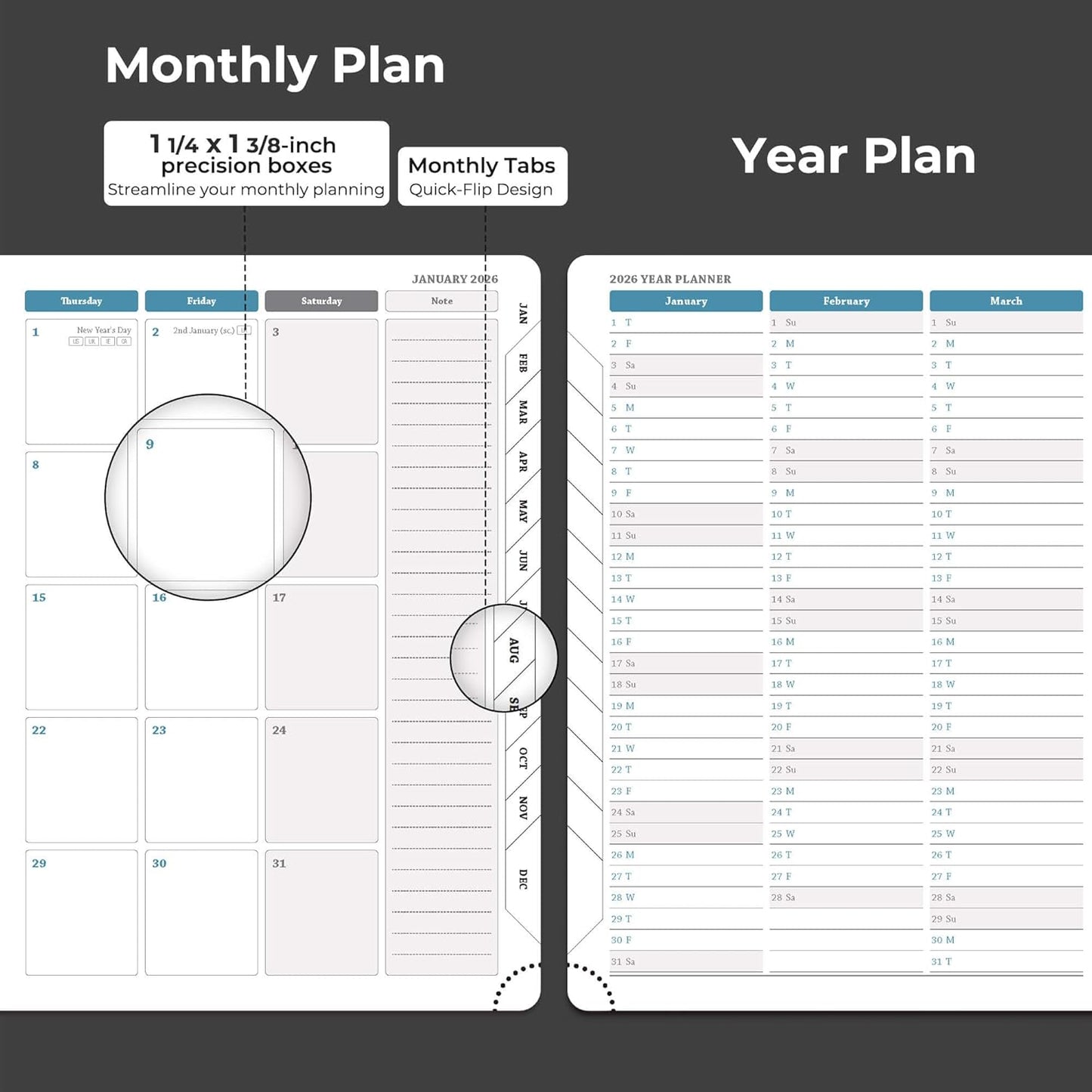 Planner 2026 Daily Weekly and Monthly,8.5"x6.5",12 Months Spiral Bound Calendar Agenda with Self-adhesive Pen Holder,2026 Appointment Book with Vegan Leather Soft Cover,Black