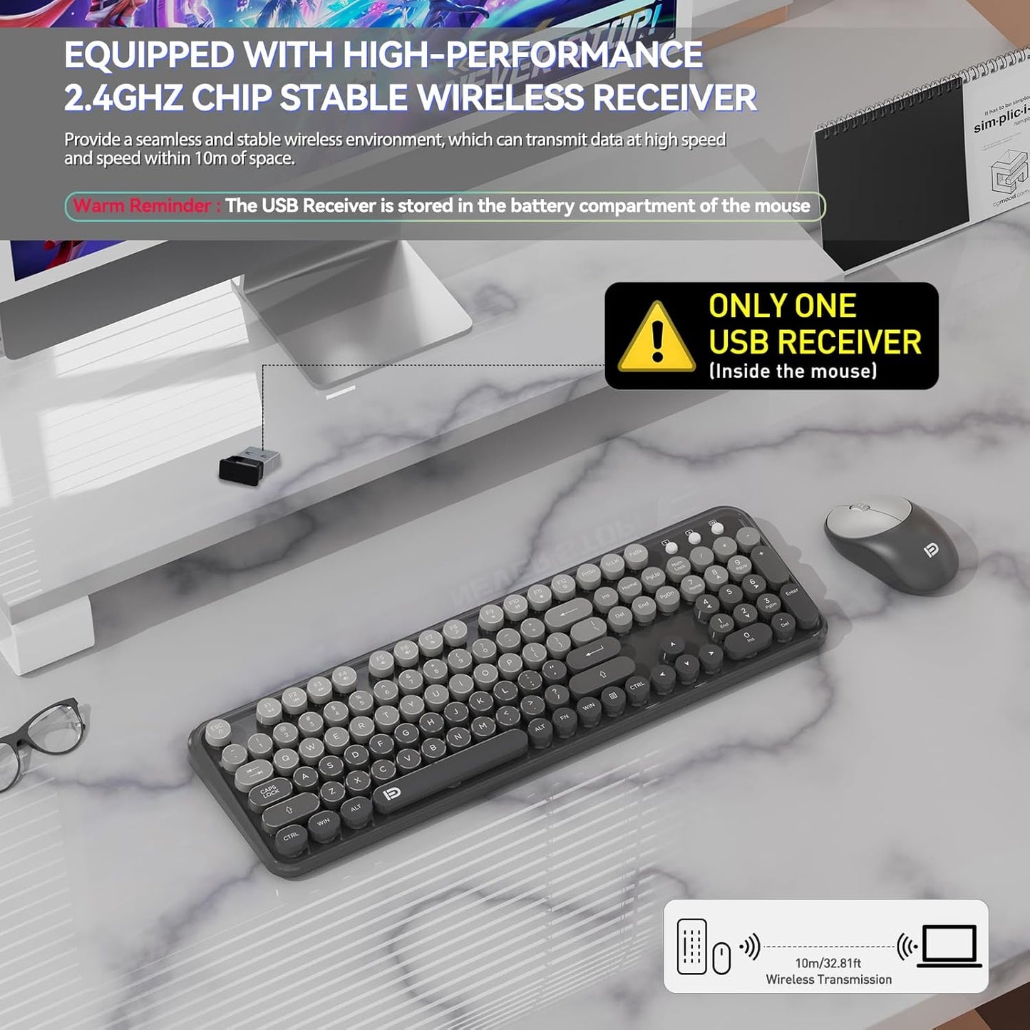 FD Wireless Keyboard and Mouse Combo - 2.4G Full-Sized Cute Colorful Mouse and Keyboard with 104 Round Keys Retro Typewriter Keyboards for Laptop/Windows/PC - Grey Gradient