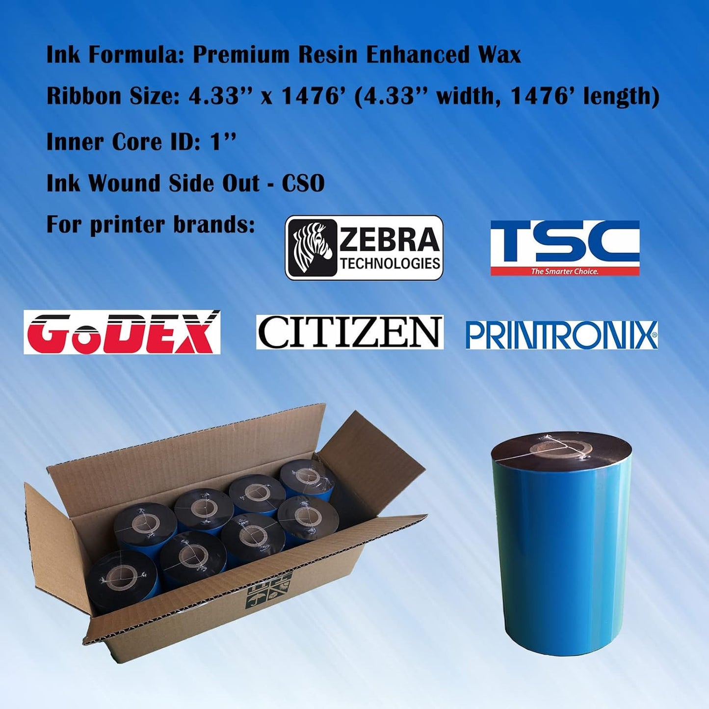 8 Rolls 4.33'' x 1476' Premium Resin Enhanced Wax Ribbon, 110mm x 450m Black Thermal Transfer Ribbon, Barcode Thermal Label Printer Ribbon, CSO-Ink Outside, 1'' Core for Zebra, TSC, GoDex, Citizen