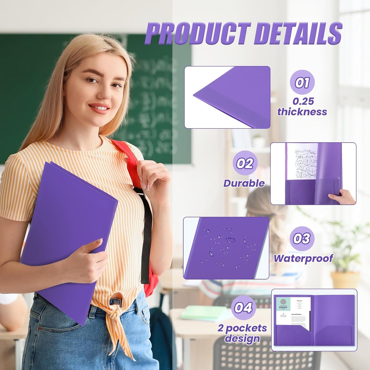 Gueevin 24 Pcs Plastic Folders with Pockets, Back to School Two Pocket Folder Fit Letter Size, Heavy Duty School Business Card Holder for Home Office, 11. 61 x 9. 45 Inches (Purple)