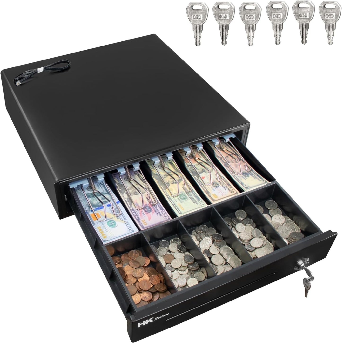 HK SYSTEMS 16inch Heavy Duty POS Cash Drawer with 5Bill/5Coin, Removable Coin Compartment, 24V, RJ11, Single Large Media Slot, Black