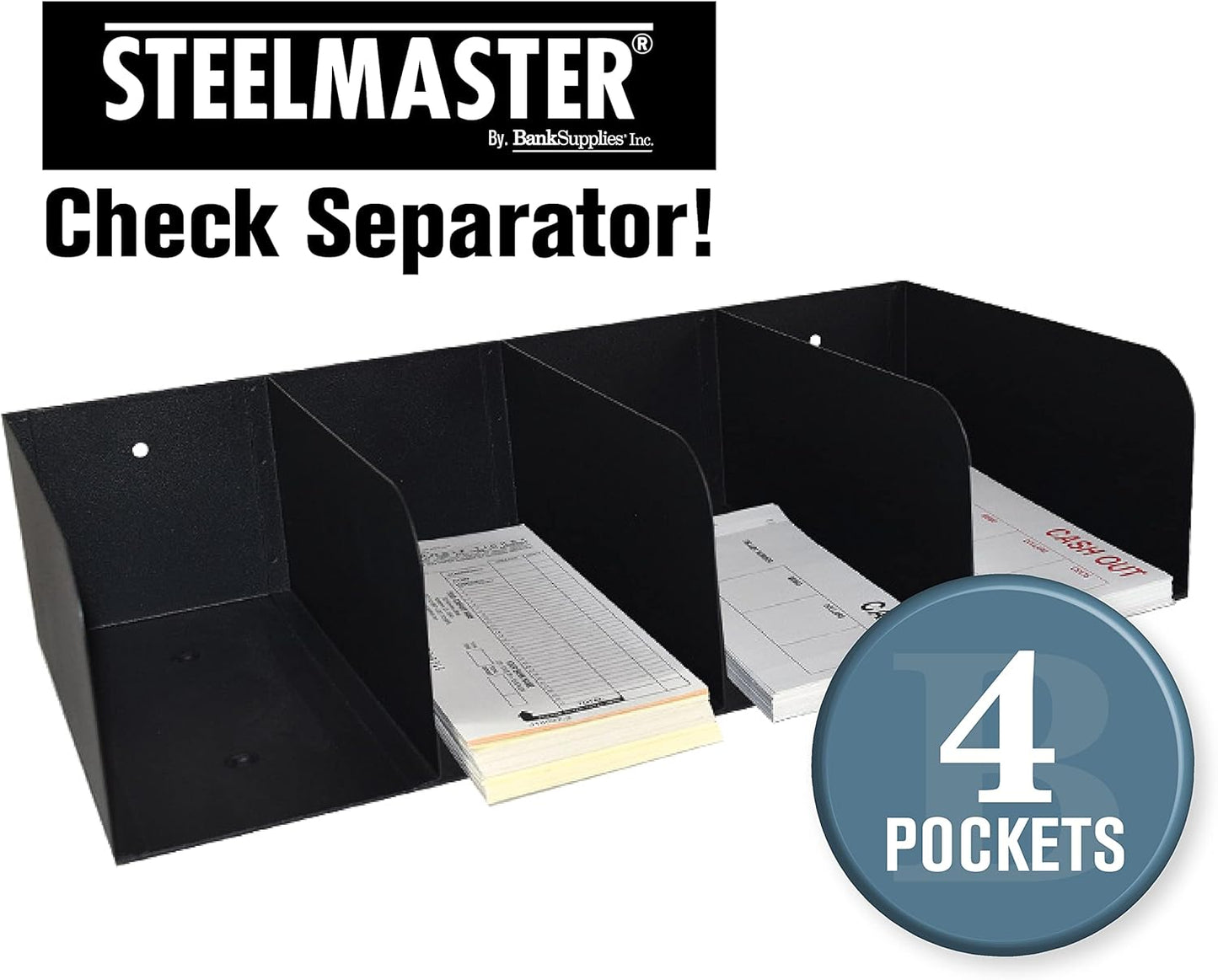 STEELMASTER by BankSupplies Steel Document Organizer - 4-Pockets - Black - Powder Coated Crinkle Finish - Scratch & Chip-Resistant - Check Separator, Deposit Slips, Letter Organizer, Money & Bills