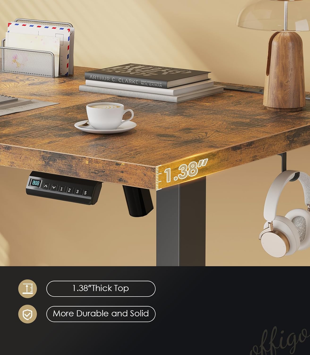 OffiGo Electric Standing Desk with 3-Piece Board, 71 Inch Height Adjustable Large Desk with Power Outlets, Sit Stand Table, Writing Computer Desk for Home, Office, Workstation, Rustic Brown